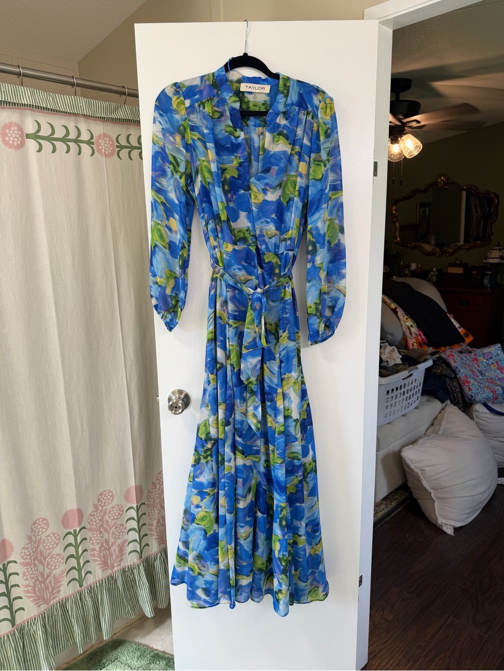 Taylor Blue Floral Tie-Waist Maxi Dress